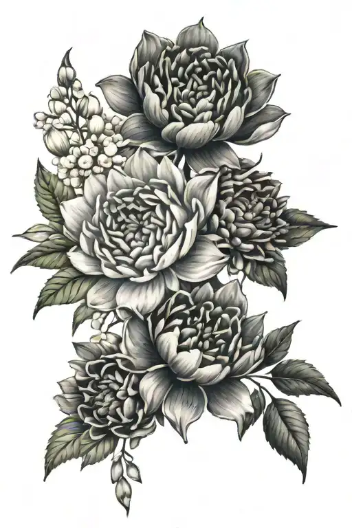 Mums, Peonies, Water lily, larkspur, lily of the valley, hawthorn tattoo design idea