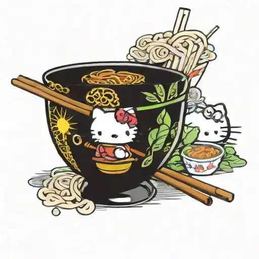 kawaii hello kitty ramen bowl with chopsticks tattoo design idea