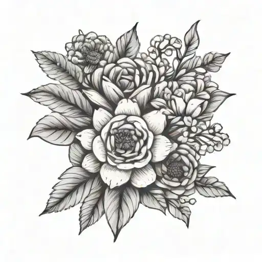 small and minimalistic  birth flower bouquet, February, May, June, July, November tattoo design idea