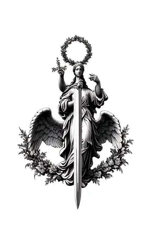 Angel in the form of a statue, which has a sword in one hand, and in the other a wreath, above the head of a halo, in the style of realism tattoo design idea