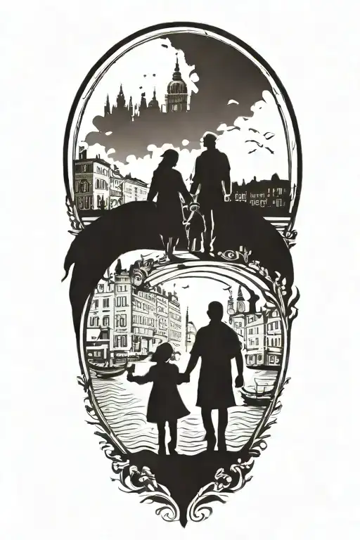 A silouette of a family holding hands traveling through various iconic European cities like Venice, Milan, and Budapest tattoo design idea