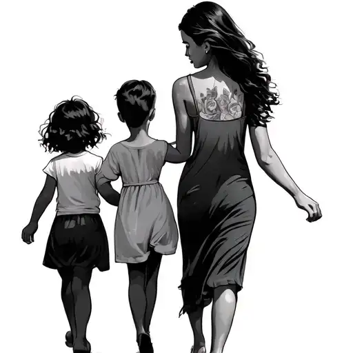 mom and 2 older girls and 1 baby boy walking tattoo design idea