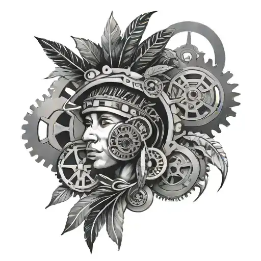 native american and gears intertwined tattoo design idea