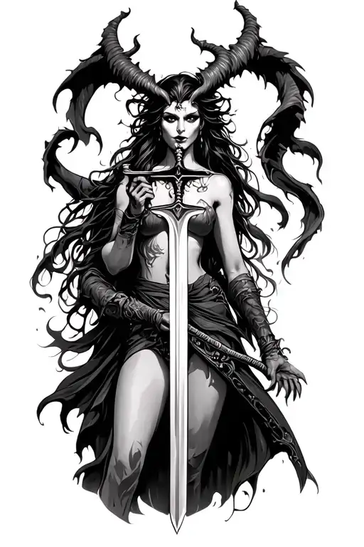 Demon woman holding a sword tattoo design idea