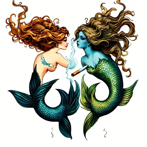 2 mermaids smoking blunts in Pisces symbol tattoo design idea