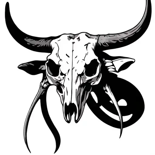 A myura bull skull in Gothic style, designed with deep lines and shadows in black ink. The bone structure of tattoo design idea