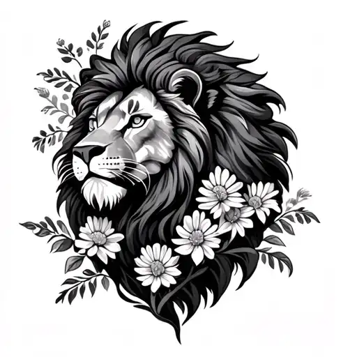 lion with a mane of flowers growing tattoo design idea