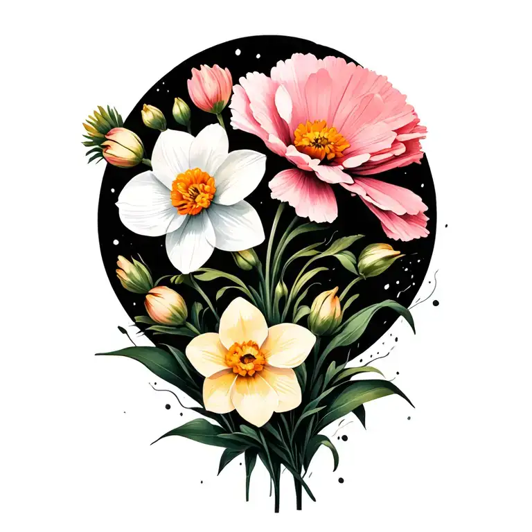 carnation white daffodil pink cosmos Create tattoo design idea