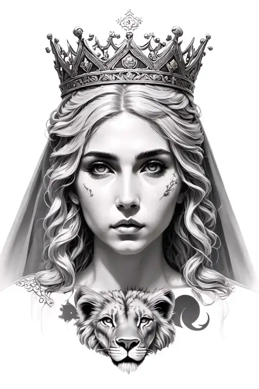 black & grey realism greek goddess leto with light color hair, wearing crown with veil, a lion and moon tattoo design idea