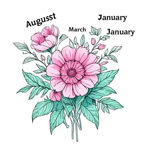 birth flower bouquet tattoo with June, August, March, January, August, and June  tattoo design idea