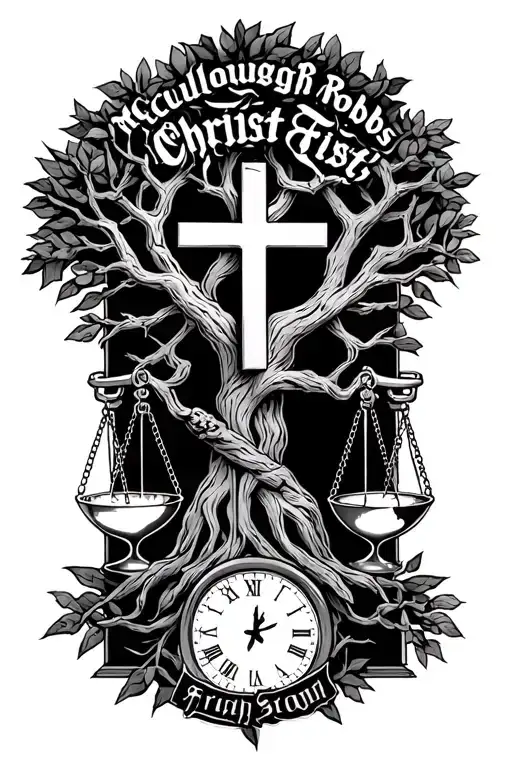 "McCullough Robbs Christ First" "McCullough Robbs"  tree of life intertwined with cross, libra scales and a hourglass  tattoo design idea
