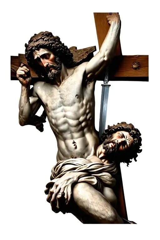 st longinus stabbing Jesus crucified on the cross but his face is full of sad and horror after finding out he killed god tattoo design idea