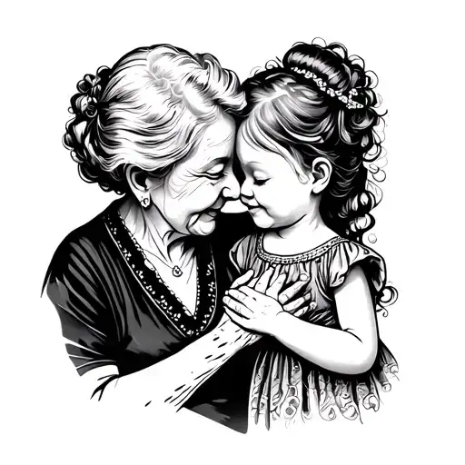 Fine line black tattoo of a grandmother fondly caressing her granddaughter affectionately tattoo design idea