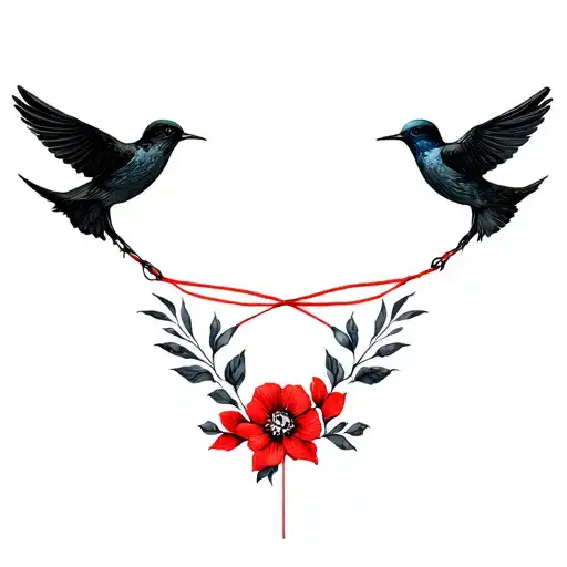 swallows facing each other with a red string aesthetically wrapped , must have an abstract style and also floral element tattoo design idea