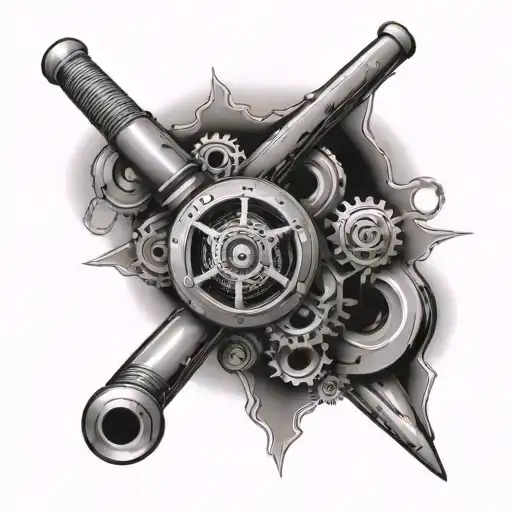 A billiards cue wrapped in chains and tangled in small engine gears on a swampland background tattoo design idea