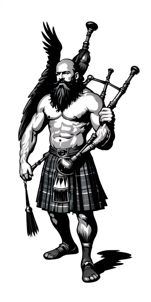 shirtless muscular bagpiper bald black beard  big wings playing bagpipes in arm tattoo design idea