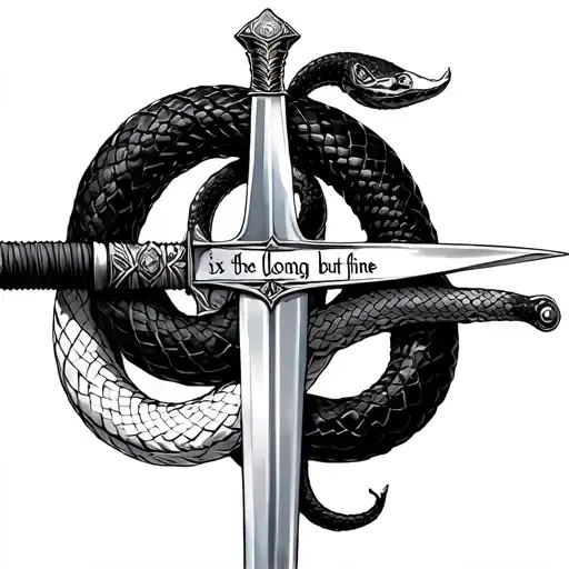 "The sword is long but fine" a sword two snake rolled around one black the other white, on the pommel is written ex dolore with light brambles tattoo design idea