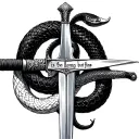 "The sword is long but fine" a sword two snake rolled around one black the other white, on the pommel is written ex dolore with light brambles tattoo design idea