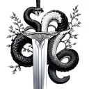 "The sword is long but fine" a sword two snake rolled around one black the other white, on the pommel is written ex dolore with light brambles tattoo design idea