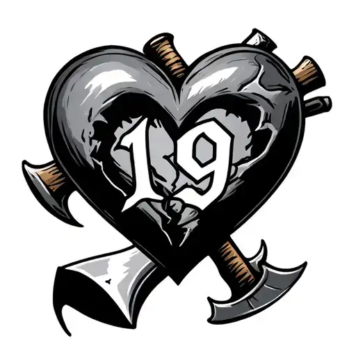 broken heart with 19 inside with halligan bar and axe behind it tattoo design idea