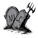 tombstone with a pitchfork next to it with letters M L C on the tombstone tattoo design idea
