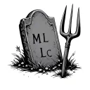 tombstone with a pitchfork next to it with letters M L C on the tombstone tattoo design idea