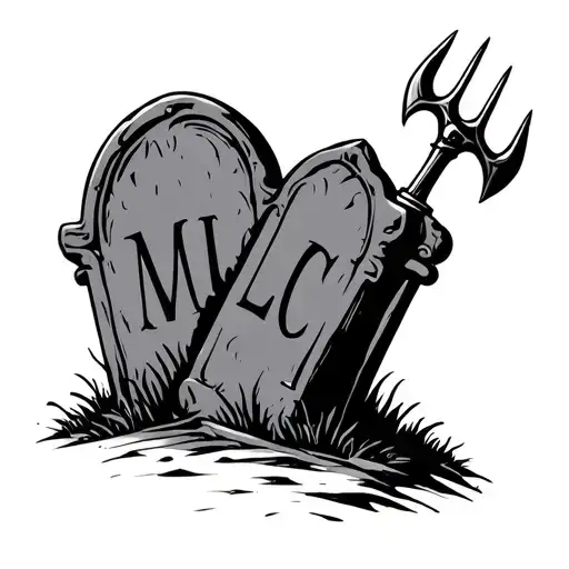 tombstone with a pitchfork next to it with letters M L C on the tombstone tattoo design idea