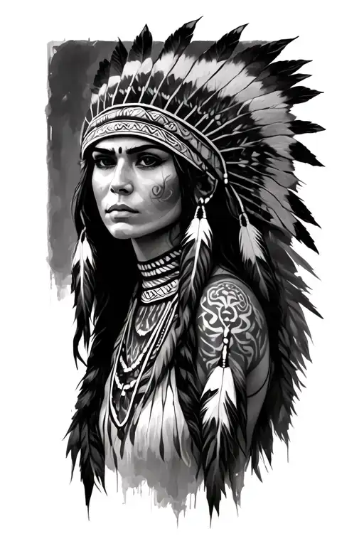 native American female with headless and bone collar tattoo design idea