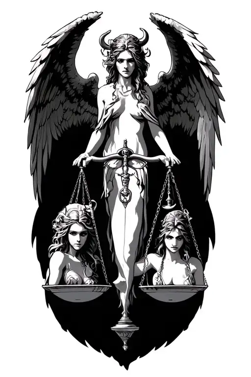 triple beam scale weighing good and evil angels and demons tattoo design idea