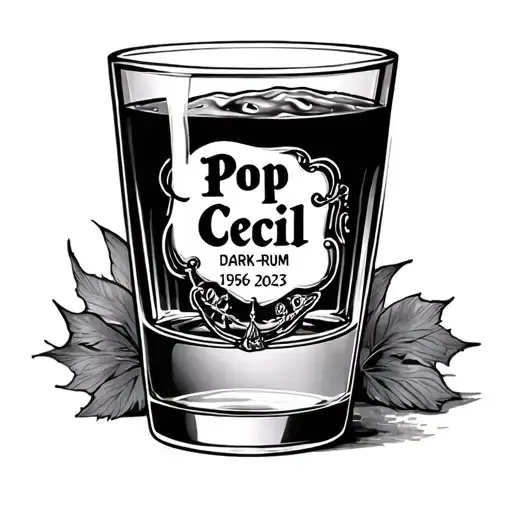 A 60 ounze of captain morgan captain morgan dark rum with a glass poured up that reads "Pop Cecil 1956-2023" tattoo design idea