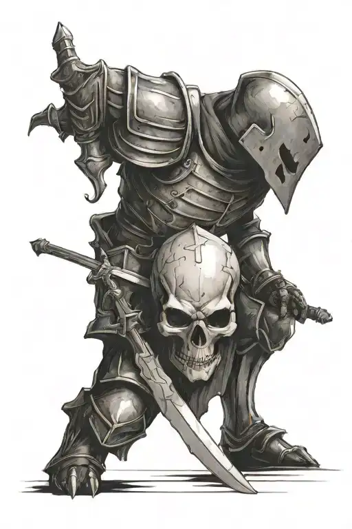 headless knight on his knees with a skull in his hand with a shadow watching him tattoo design idea