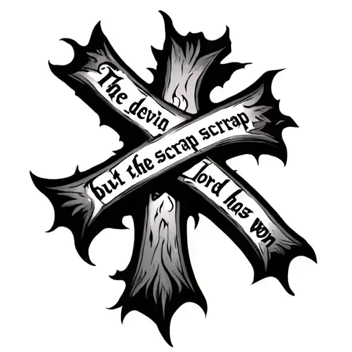 cross with the words "the devil can scrap but the lord has won"  tattoo design idea