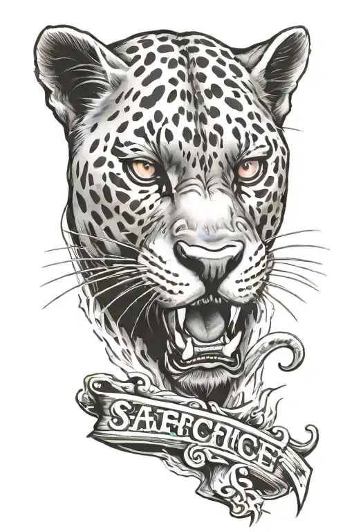 panther with red eyes with the word sacrifice in it's mouth tattoo design idea