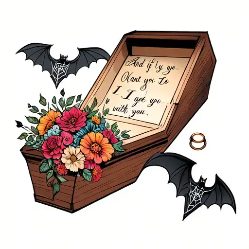 coffin and the writing "And if you go, I want to go with you." Add flowers, a bat, spider webs and a wedding ring set tattoo design idea