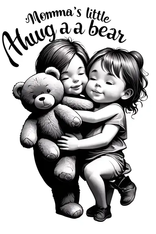 "Momma’s little hug a bear" mom and son holding a teddy bear tattoo design idea