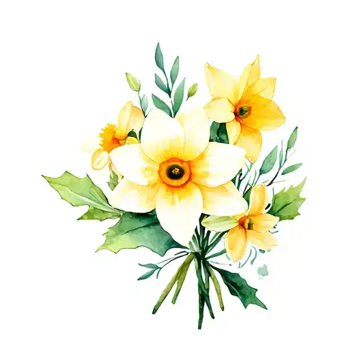 Daffodil daisy sweet pea holly flower bouquet tattoo design idea
