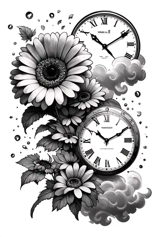 Gerbera clouds surrounding with clocks and dates tattoo design idea