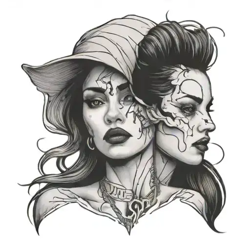 woman face status broken in two sad and happy tattoo design idea