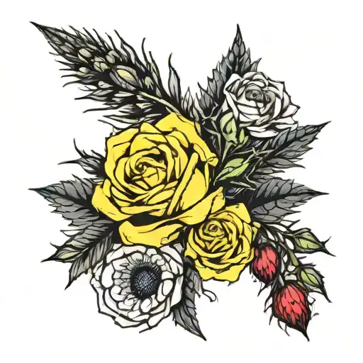 yellow rose, thistle and bottle brush  tattoo design idea