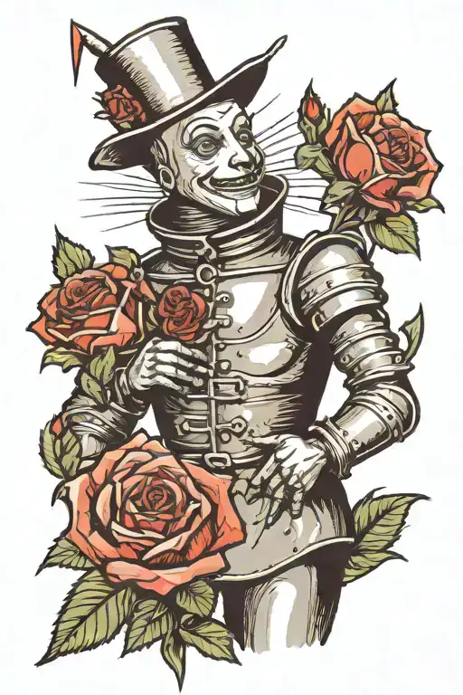 OZ tin man with roses growing tattoo design idea