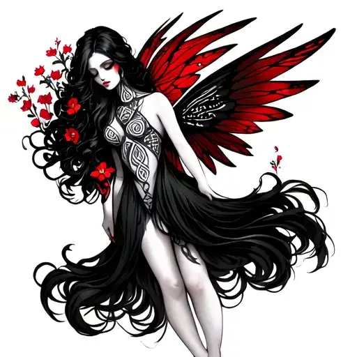 elegant goth mystical fairy with long black wavy hair, crimson wings, tiny flowers with Celtic intertwined designs tattoo design idea