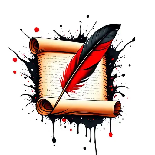feather quill pen writing on a scroll document tattoo design idea