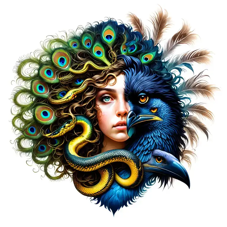 Medusa with snake hair, hypnotic gaze. Peacock on left, raven on right. Feathers and serpents blend. Runes and ornaments tattoo design idea