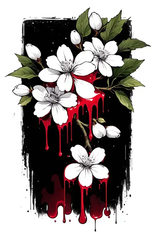 a branch of jasmine flowers dripping blood from the jasmines no color and make it manly and no background tattoo design idea