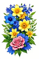 Chrysanthemum, daffodil, delphinium, morning glory, and rose with greenery in the background tattoo design idea