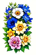 Chrysanthemum, daffodil, delphinium, morning glory, and rose with greenery in the background tattoo design idea