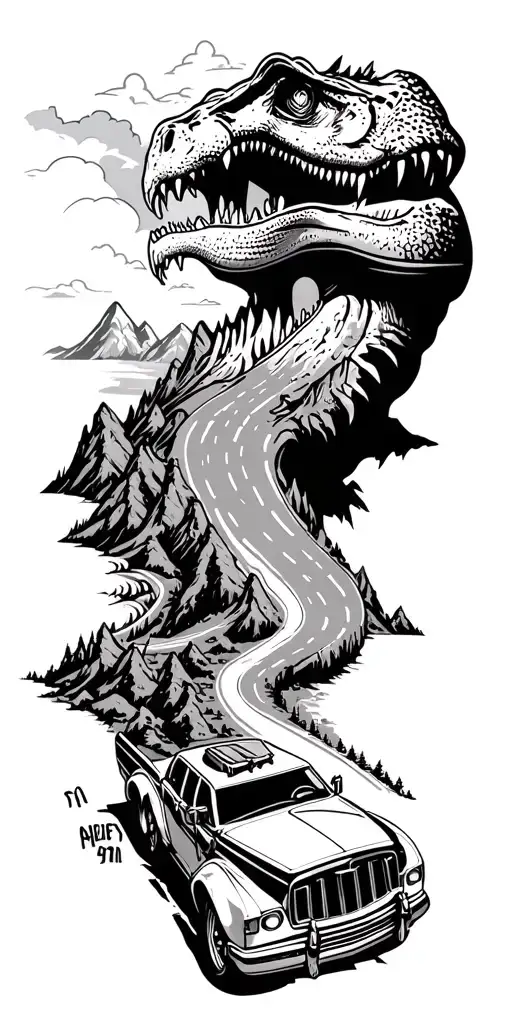 map with landmarks with road mountains trex fire truck fast car drum set tattoo design idea