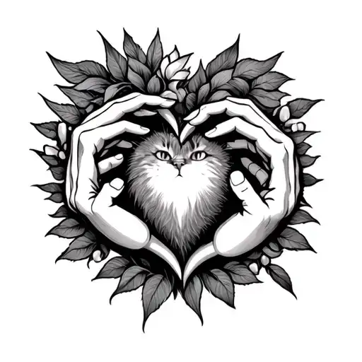 Montane with a heart surrounded by hands and a cat's paw at the end of the heart tattoo design idea