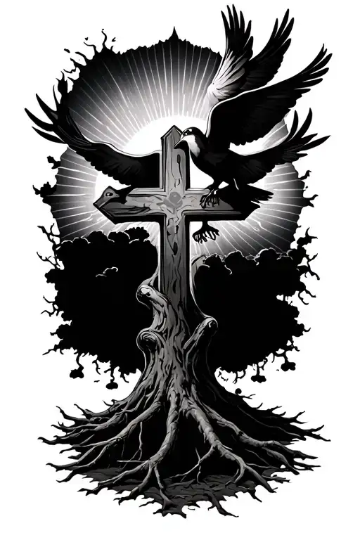 black poison tree with a cross doves and sun rays shining tattoo design idea