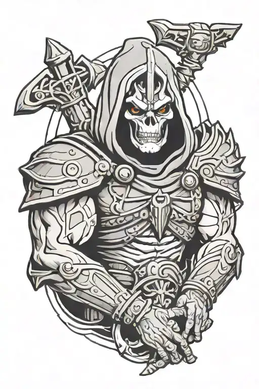 sleeve tattoo featuring mumm-ra, skeletor, deception logo tattoo design idea